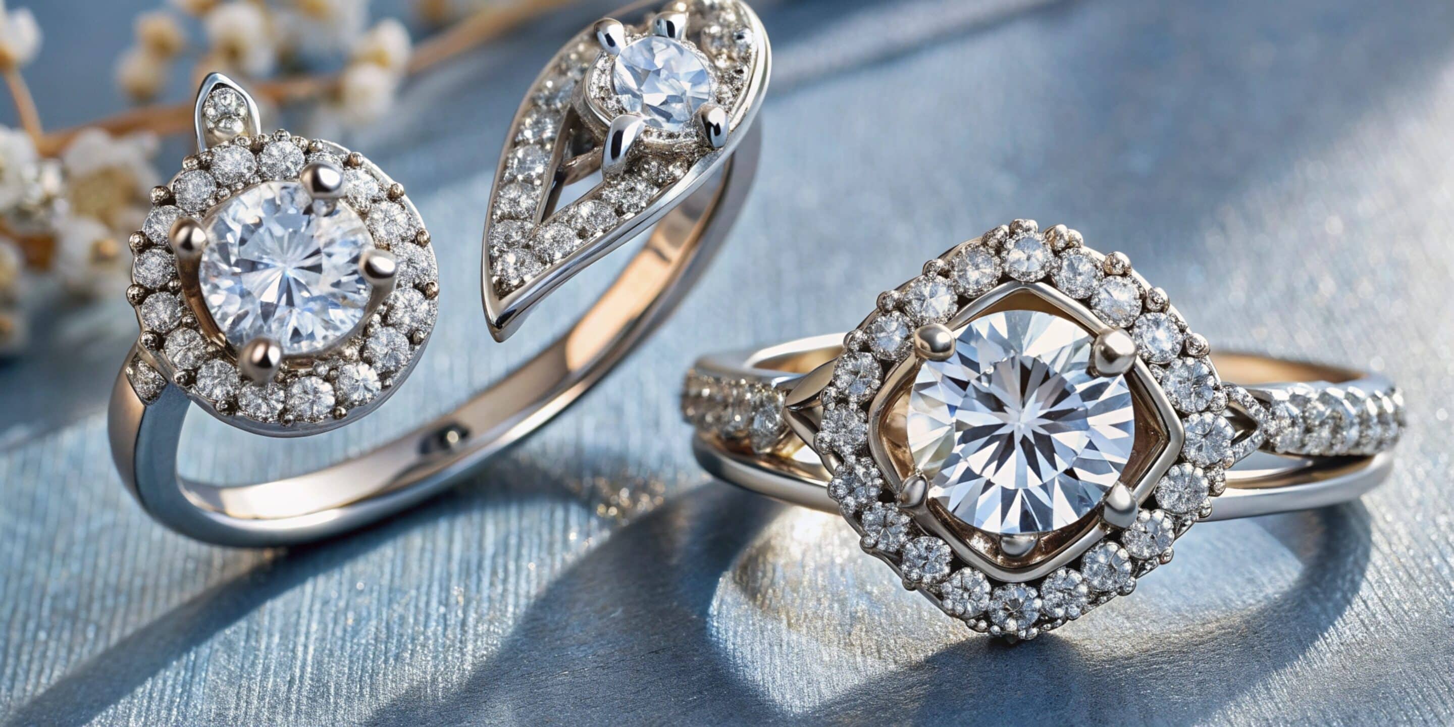 Three elegant diamond rings displayed on a luxurious blue cloth